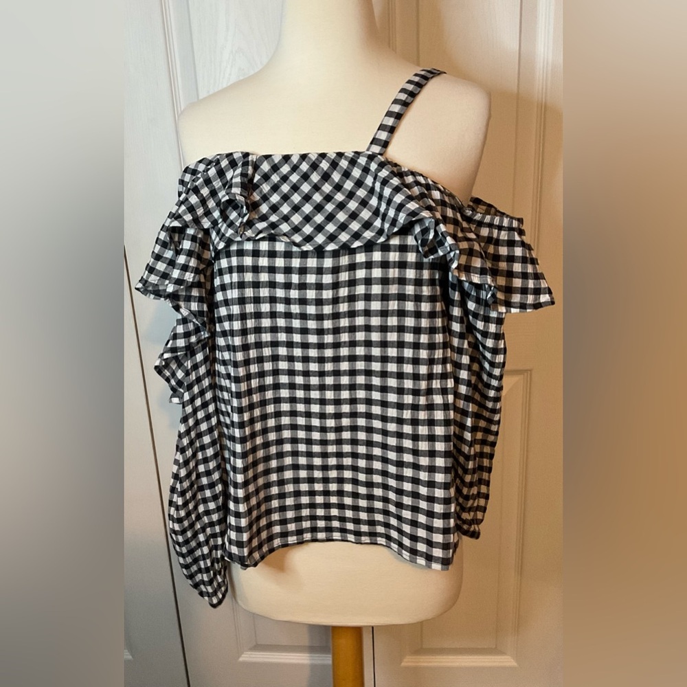 Express Black White Gingham Plaid Cold‎ Shoulder Top Blouse Fall Medium